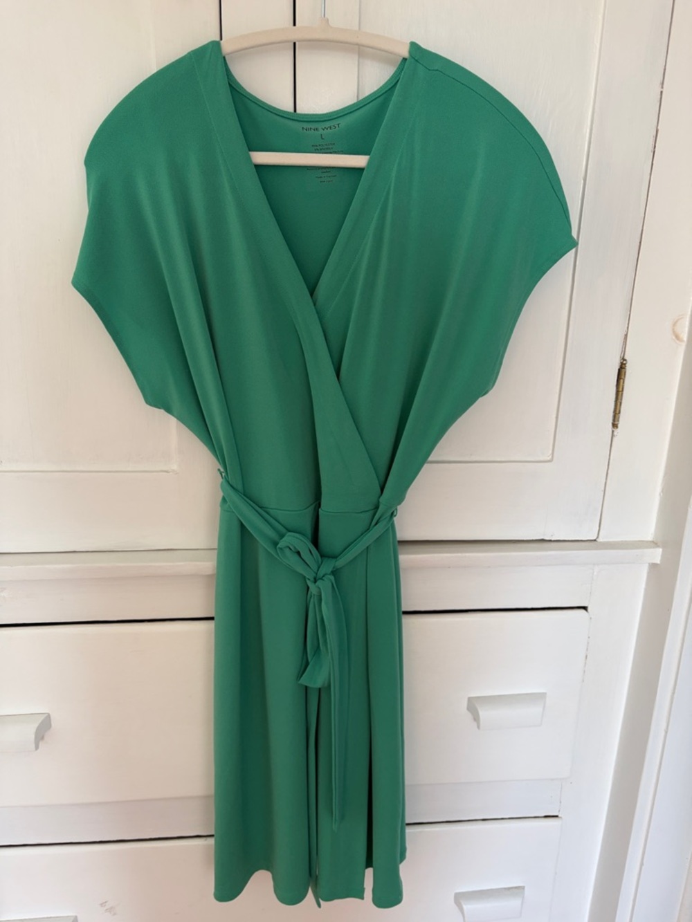Nine West Emerald Green Faux-Wrap Midi Dress with Tie Belt
